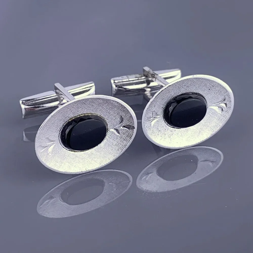 Black Obsidian Sterling Silver Cufflinks Oval Etched Leaves Simple JML Vintage